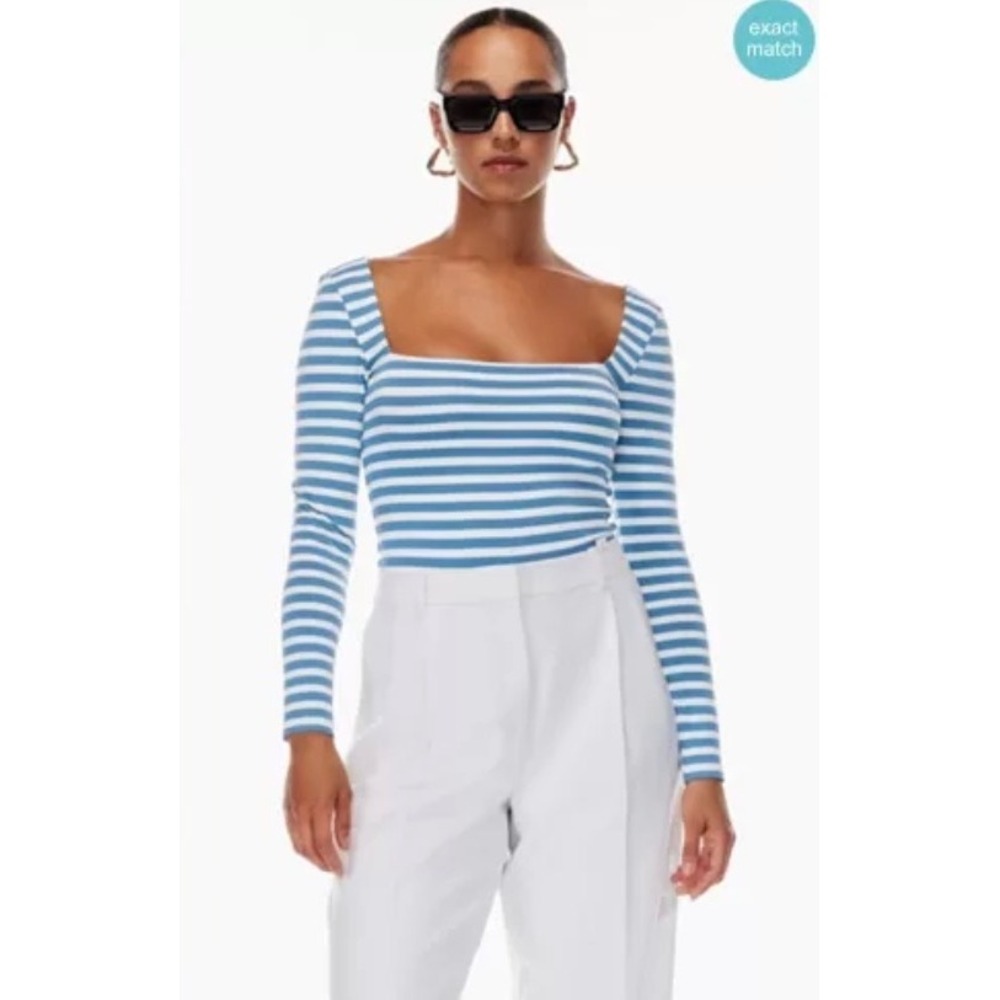 Babaton Squareneck Long Sleeve Bodysuit Blue White Striped XS Aritzia